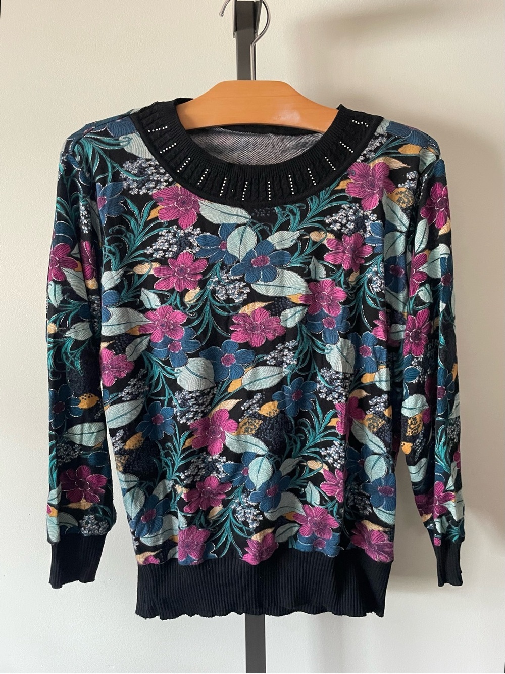 Vintage Glam Knit Sweater Rhinestone Embellished 80s Cottagecore Floral